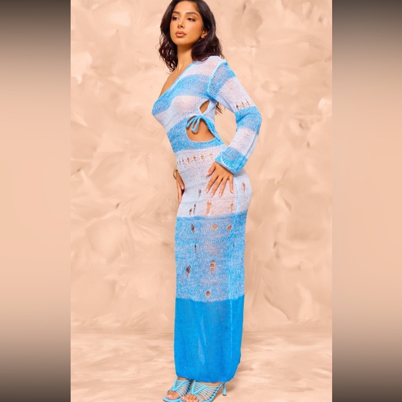 Blue One Sleeve Open Knit Maxi Dress - Picture 2 of 4